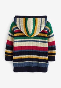 Pull à capuche pour enfant en maille épaisse, avec des rayures horizontales vertes, rouges, bleu marine, crème, jaunes et bleues.