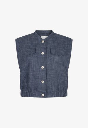 Mouwloos cropped blauwe geruite vest met opstaande kraag, knopen aan de voorkant, klepzakken op de borst en een elastische zoom.