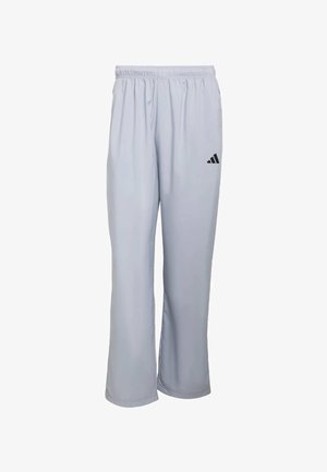 Light gray athletic pants with an elastic waistband, straight leg design, and a black Adidas logo near the left hip. Smooth texture.