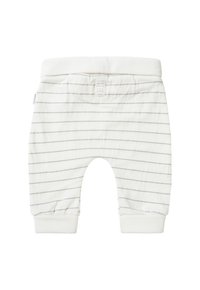 Witte katoenen broek met grijze strepen, elastische tailleband en cuffs. Voorzien van een label aan de achterkant. Zachte textuur, relaxte pasvorm.
