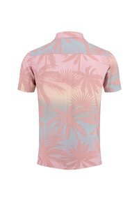 Kurze Ärmel, kragenloses Hemd in pastellpink und blau mit einem Palmenmuster. Verfügt über eine glatte Stofftextur und einen abgerundeten Saum.