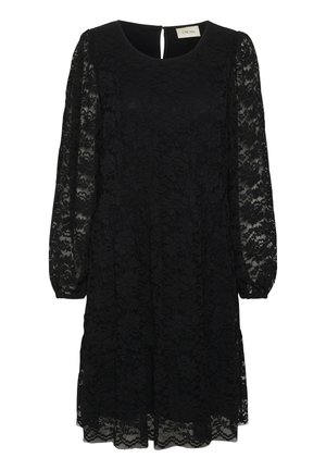 Mustmust kleit ümmarguse kaelusega, pikkade läbipaistvate varrukatega ja kihiliste seelikutega. Tagaküljel on võtmeaugu ava.