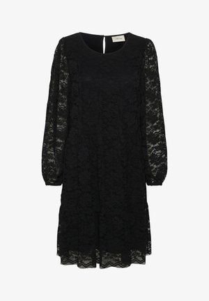 Robe en dentelle noire avec un col rond, des manches longues transparentes et une jupe à volants. Présente une ouverture en forme de trou de serrure à l'arrière.