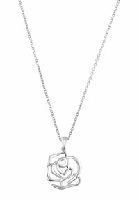 Collana d'argento con pendente a forma di rosa dal design morbido e fluido. La catena è a maglie ed ha una finitura lucida.
