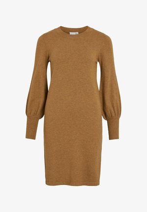 Rjava pletena obleka z dolgimi, napihnjenimi rokavi, rebrastimi manšetami in okroglo ovratnikom. Ima ravno silhueto in dolžino nekoliko nad koleni.