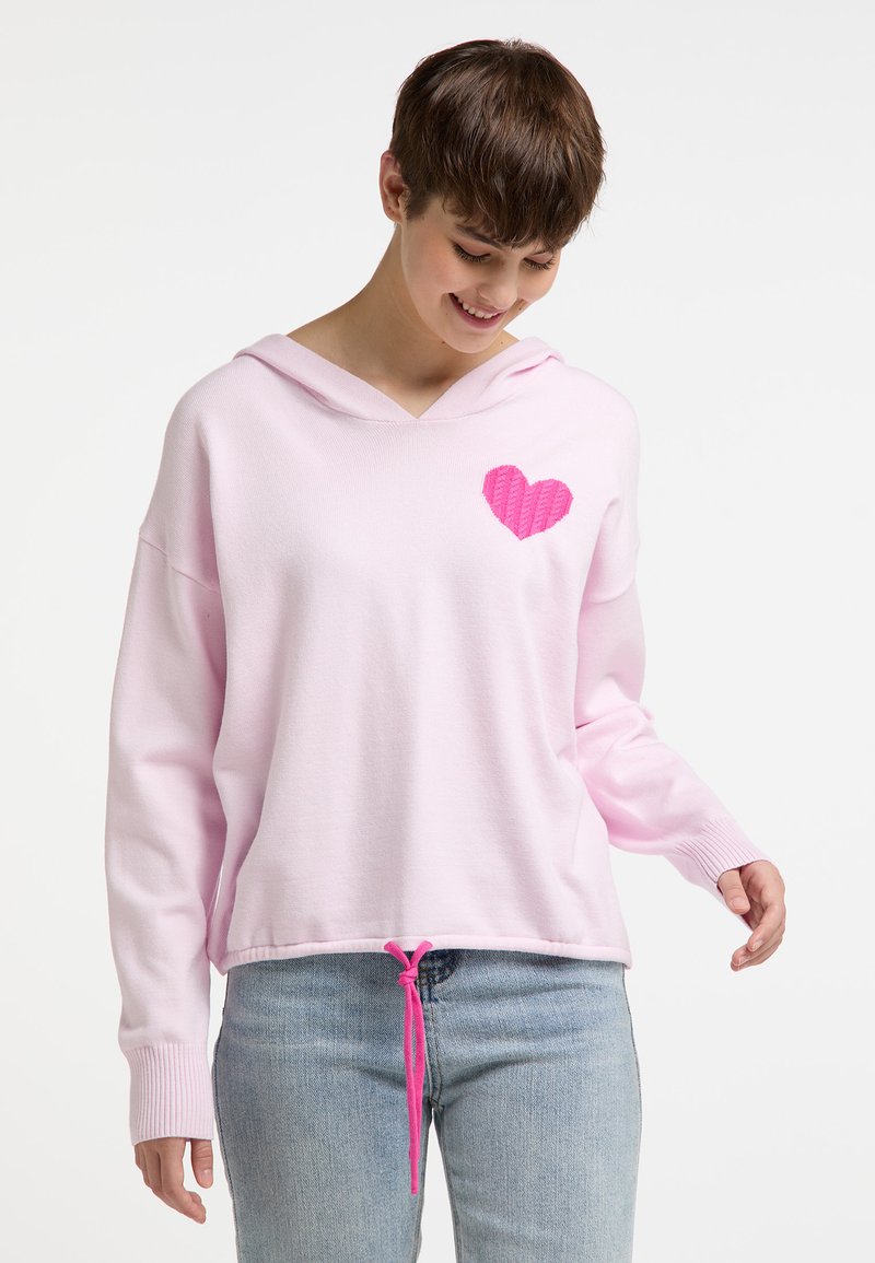 Rosa Pullover-Hoodie aus weichem Material, mit einem gestrickten Herzdesign auf der Brust. Verfügt über einen Kordelzugsaum und gerippte Bündchen.