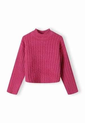 Pull en laine côtelée à manches longues et col montant, de couleur rose vif, avec un motif texturé et un matériau doux et duveteux.