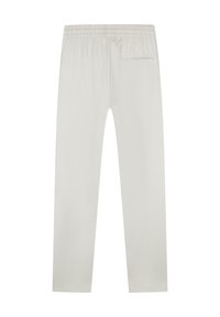 Light gray pants with a smooth texture, elastic waistband, straight legs, and a single back pocket. No visible patterns or hardware.