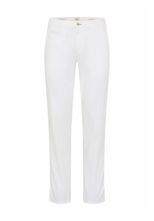 Witte rechte broek met voorzakken, ceintuurlussen en een sluiting met knoop en rits aan de voorkant.