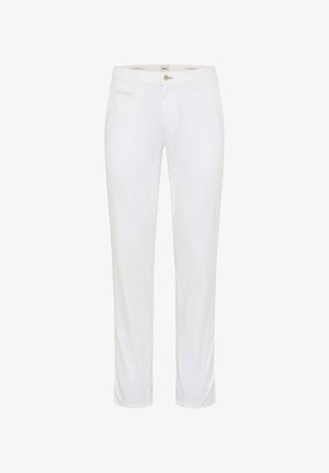 Witte rechte broek met voorzakken, ceintuurlussen en een sluiting met knoop en rits aan de voorkant.