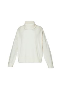 Maglioncino bianco a collo alto con maniche ampie e dettagli a costine, caratterizzato da una vestibilità comoda e un sottile motivo testurizzato sul davanti.