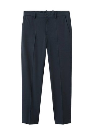Navy blauwe pantalon gemaakt van gladde stof, met een platte voorkant, twee zijzakken en fijne plooien voor een getailleerde uitstraling.