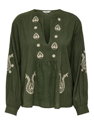 Dark green long-sleeve blouse with V-neck, cream floral embroidery along neckline, sleeves, and lower front, and gathered fabric below chest.