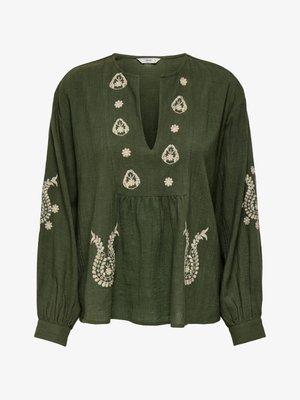 Dark green long-sleeve blouse with V-neck, cream floral embroidery along neckline, sleeves, and lower front, and gathered fabric below chest.
