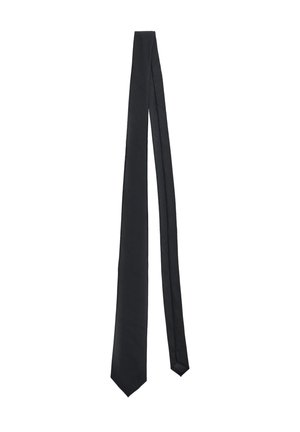 Musta solmio, joka on valmistettu sileästä kankaasta. Pitkä, kapea muotoilu ja terävä pää. Ei näkyviä kuvioita tai koristeita.