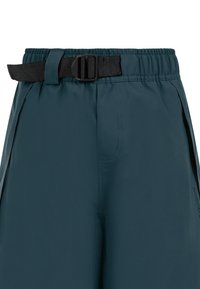 Turkosa lätta shorts med elastisk midja och ett svart bälte. Har sidofickor och en diskret logo på sidan. Slät textur.