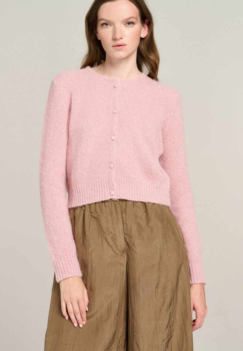 Rosa gestrickte Strickjacke mit langen Ärmeln, runder Halslinie und fünf Knöpfen. Weicher Stoff, kürzerer Schnitt, kombiniert mit einem braunen Rock.