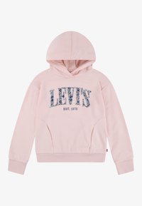 Rožinė gobtuvu džemperis su gėlių rašto "LEVIS" logotipu ir kengūros kišenėmis. Pagamintas iš minkštos medžiagos su raštuotais rankogaliais ir apačia.