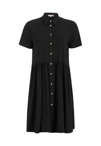 Robe noire à manches courtes en tissu doux, avec un devant boutonné, un col, et une jupe évasée avec des détails froncés.