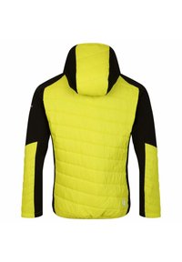 Gelbe und schwarze gefütterte Jacke mit Kapuze, mit gestepptem Muster, kontrastierenden Ärmeln und einem eleganten, körperbetonten Design.