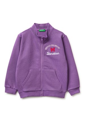 Purple zip-up sweatshirt with front pockets, ribbed cuffs, and "United Colors of Benetton" embroidered on the chest with a red butterfly logo.