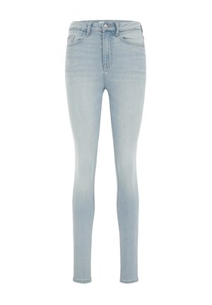 Lysblå skinny jeans lavet af denim, med høj talje, minimal falming og standard fem-lommer design med en knaplukning foran.
