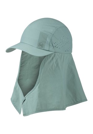 Sombrero de sol azul claro con una amplia solapa en el cuello, agujeros de ventilación en los lados y un ala curvada para la protección solar.