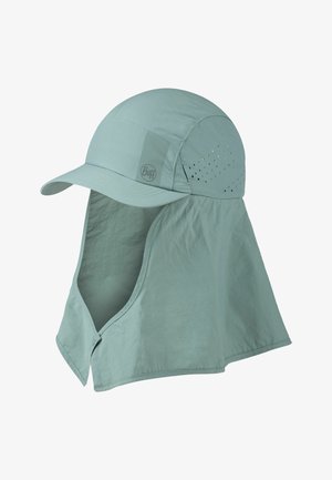 Sombrero de sol azul claro con una amplia solapa en el cuello, agujeros de ventilación en los lados y un ala curvada para la protección solar.