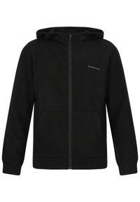 Svart zip-up hoodies gjord av mjukt tyg. Har en huva, två framfickor och subtil branding på vänster bröst. Långa ärmar med muddar.