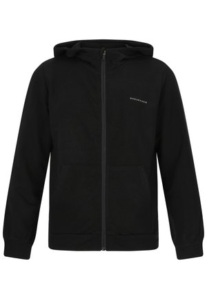 Svart zip-up hoodies gjord av mjukt tyg. Har en huva, två framfickor och subtil branding på vänster bröst. Långa ärmar med muddar.