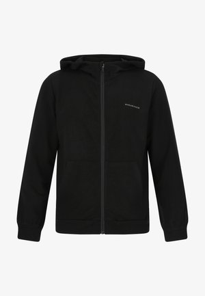 Zwarte rits-hoge hoodie gemaakt van zachte stof. Voorzien van een capuchon, twee voorzakken en subtiele branding op de linkerborst. Lange mouwen met boorden.