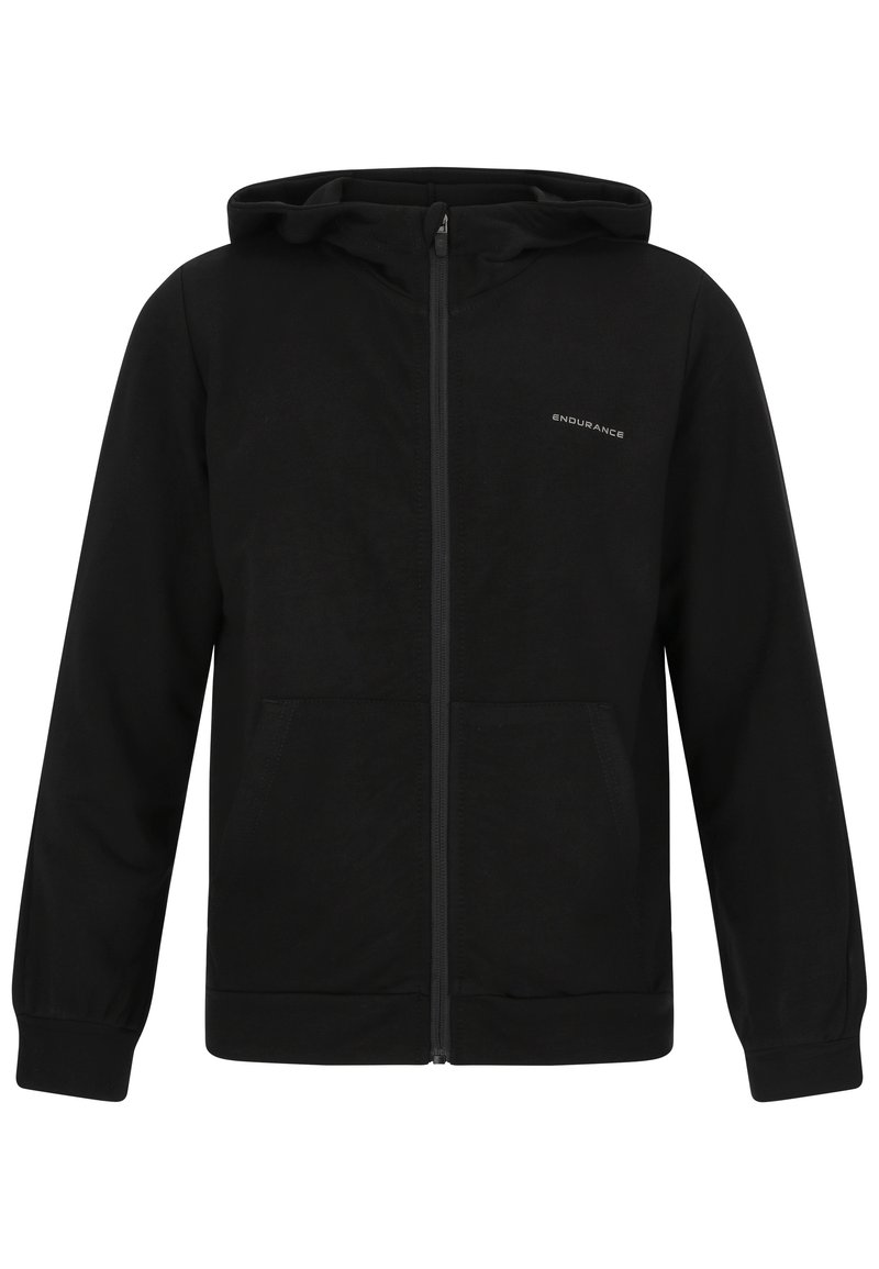 Svart zip-up hoodies gjord av mjukt tyg. Har en huva, två framfickor och subtil branding på vänster bröst. Långa ärmar med muddar.