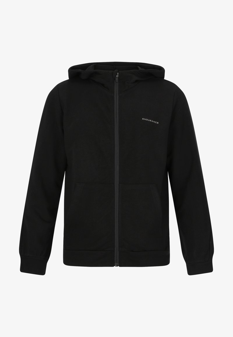 Sudadera con cremallera negra hecha de un tejido suave. Presenta una capucha, dos bolsillos frontales y un sutil logo en el pecho izquierdo. Mangas largas con puños.