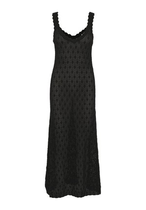 Črna čipkasta obleka z vzorcem diamantov, valoviti robovi naramnic in lahkotna zasnova, ki doseže tla z oprijetim korzetom.