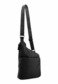 Borsa a tracolla nera in tessuto con tracolla regolabile, chiusure con zip, tasca frontale e dettaglio del logo sulla tracolla. Materiale texture e design elegante.