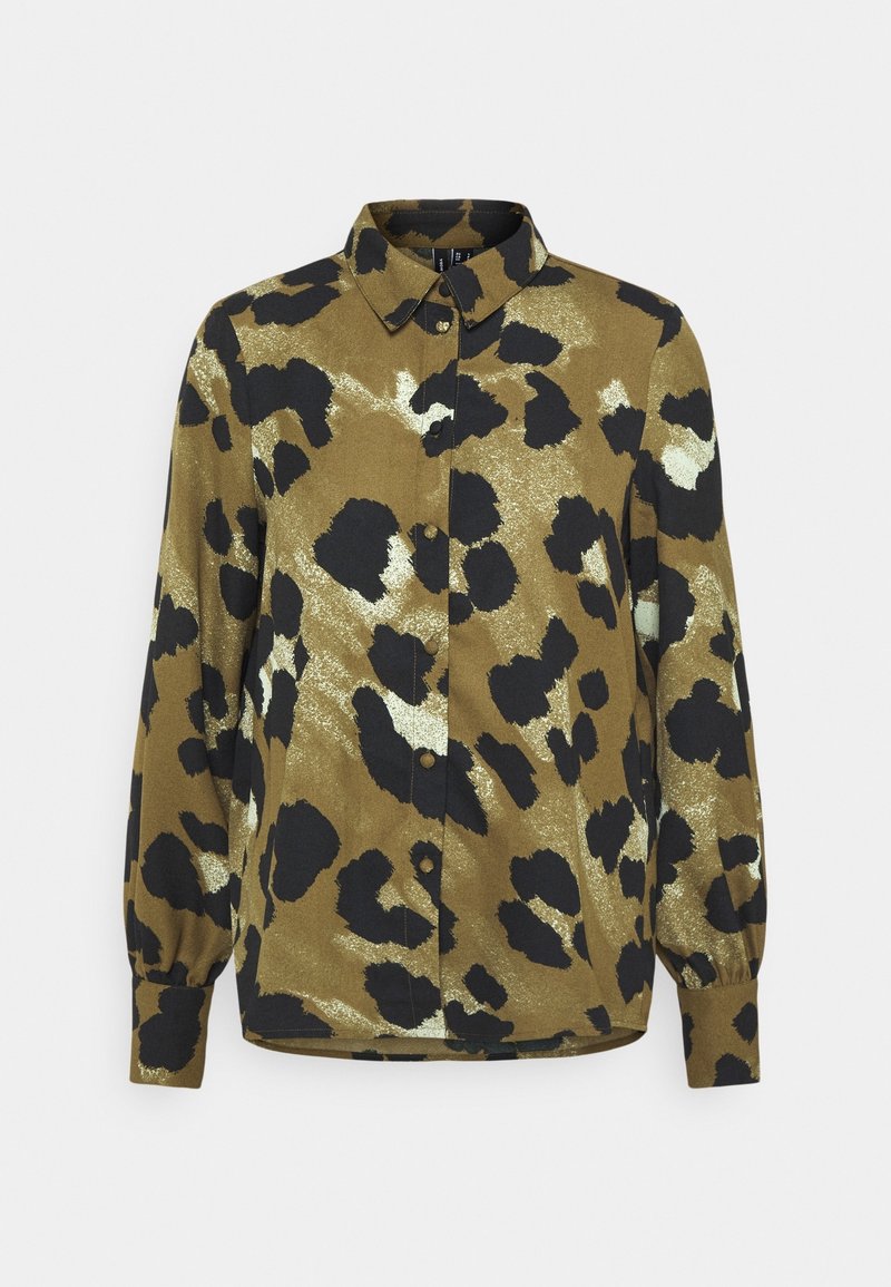 Leopardenmuster-Bluse in Gold und Schwarz, mit durchgehendem Knopfverschluss, kragenlosem Ausschnitt und langen, puffigen Ärmeln aus einem weichen Stoff.