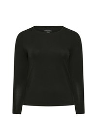 Langarm thermoshirt van zwarte stof met een ronde halslijn en een gladde textuur. Eenvoudig ontwerp zonder patronen of versieringen.