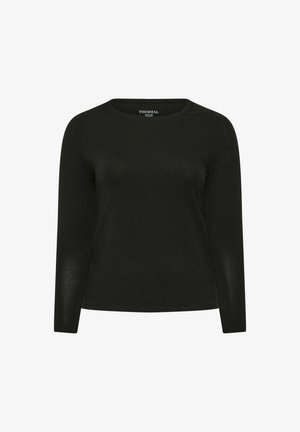 Langærmet termisk skjorte lavet af sort stof med rund halsudskæring og en glat tekstur. Simpel design uden mønstre eller udsmykninger.