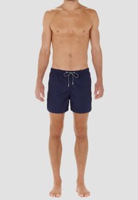 Navy Badehosen aus leichtem Stoff, mit elastischem Taillenbund und Kordelzugverschluss sowie kurzem, tailliertem Design.