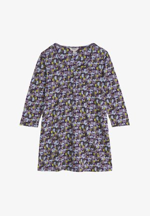 Rochie cu imprimeu floral în culoarea mov, cu mâneci lungi, decolteu rotund și detaliu plisat în zona pieptului. Confecționată dintr-un material moale, texturat.