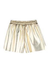 Metaalachtige gouden shorts met een elastische tailleband, met een losse pasvorm en glanzende textuur. Gladde oppervlakken met lichte reflecties.