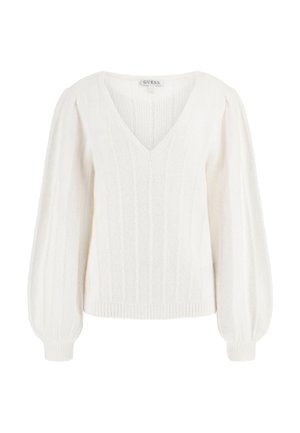 Pull blanc tricoté avec un décolleté en V profond, texture côtelée et manches bouffantes. Il présente un ourlet ajusté et un matériau doux et léger.