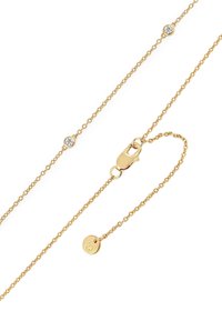 Guldhalskæde med små, runde klare ædelstene og en langelåslås. Enkle led med en rund vedhæng i enden.