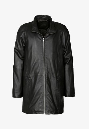 Sort læderfrakke med høj krave, frontlynlås, to sidelommer, en afslappet pasform og glat tekstur. Lange ærmer med minimale sømme.