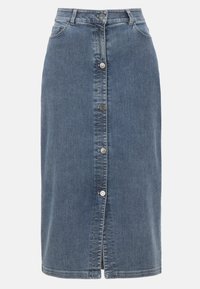 Denim-hame vaihtelevassa sinisessä, keskikokoisessa, edessä nappikiinnitys, kaksi sivutaskua ja keskilaskos liikkumisen helpottamiseksi.