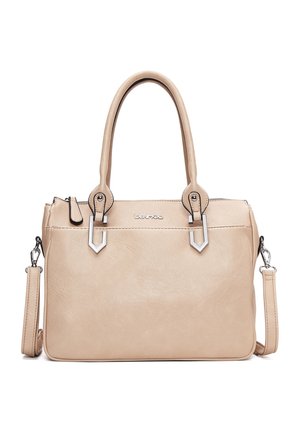 Bolso de cuero beige con doble asa, correa para el hombro desmontable, herrajes plateados y bolsillo frontal con cremallera, con la marca "Derimod" en el centro.