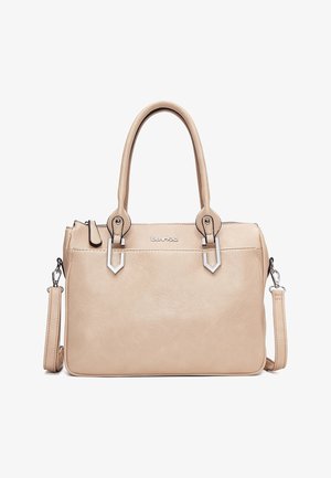 Sac à main en cuir beige avec doubles poignées, bandoulière amovible, ferrures argentées et poche zippée avant, marqué "Derimod" au centre.