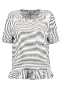Top de manga corta a rayas en algodón blanco y negro, con cuello redondo y dobladillo peplum acampanado. Rayas horizontales a lo largo de la tela.