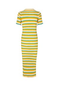 Robe midi côtelée à manches courtes. Présente des rayures alternées jaune, verte et bleue. Bords des manches et ourlet frangés.