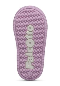 Soletta di scarpa in gomma viola con superficie testurizzata e logo "Falcotto" bianco. Bordo arrotondato, motivo a diamante e accenti circolari. Taglia 19.